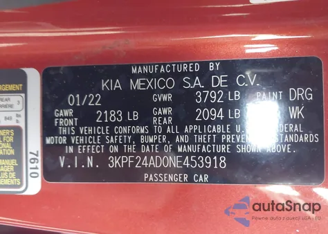 2022 Kia Forte Lxs из США, поврежденный, VIN 3KPF24AD0NE453918